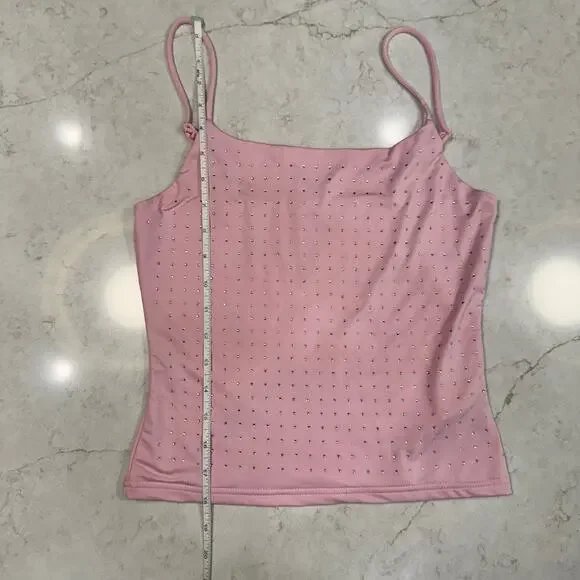 Pink Rhinestone Cami Tank Top Women's Small Y2K Barbiecore Festival Layering - Picture 6 of 16